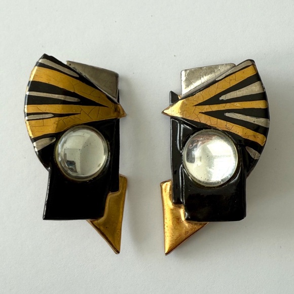 Vintage 80s Art Deco Style Gold, Black & Silver Geometric Clip-on Earrings - Picture 1 of 7